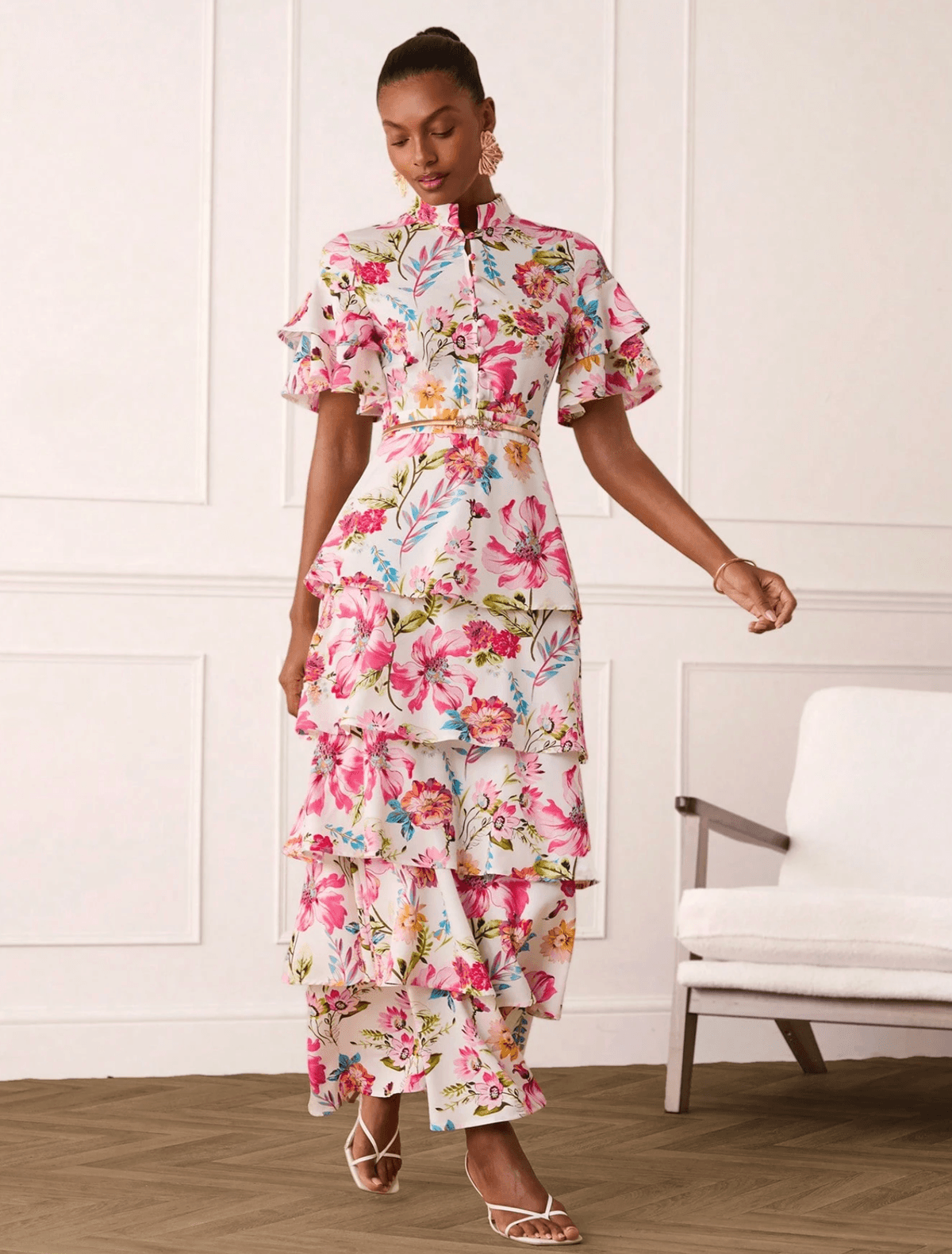 Women’s Floral Tiered Maxi Dress with Flounce Sleeves – Elegant Occasion Dress