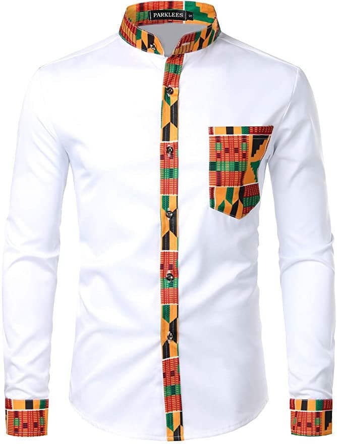 Men's African Dashiki Shirt, Stand-up Collar Tribal Graphic Patchwork Long Sleeve