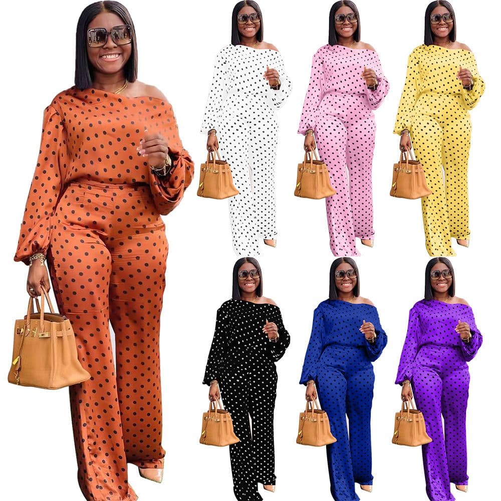 Long Sleeve Women Two Piece dress Set For Casual - Polka Dot