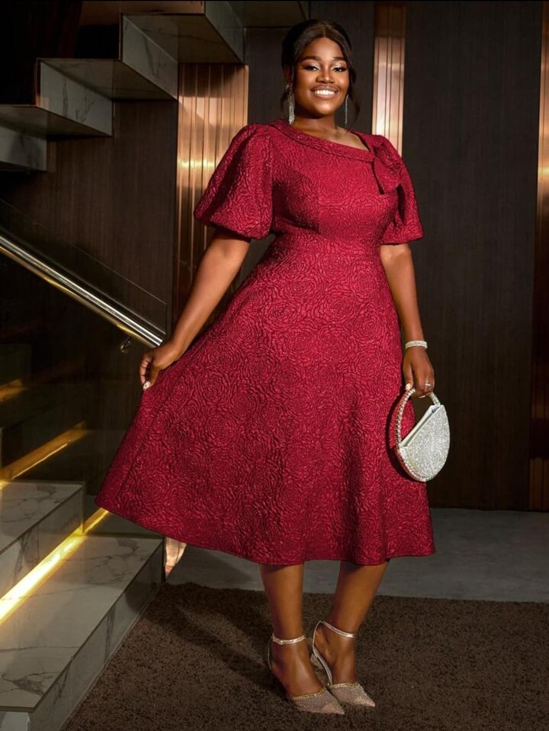 Dinner Wedding Guest Dress Women Plus Size Rose Jacquard Flared Puff Sleeve A-Line Dress