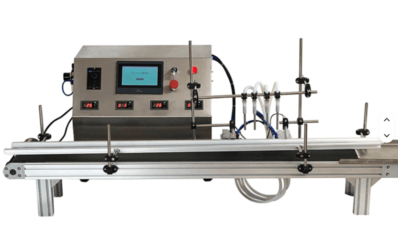 Automatic 4-Nozzle Filling Machine with a Conveyor for Small Scale Water Cosmetic Chemical 500ml for Glass Bottles