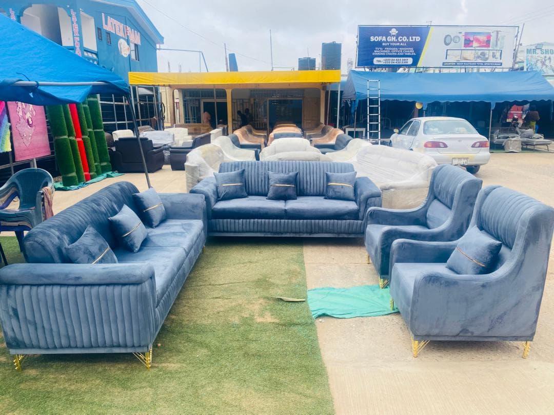 Luxury Royal Blue Velvet Sofa Set (2+2+1+1) – Modern Living Room Couch with Gold Legs & Pillows