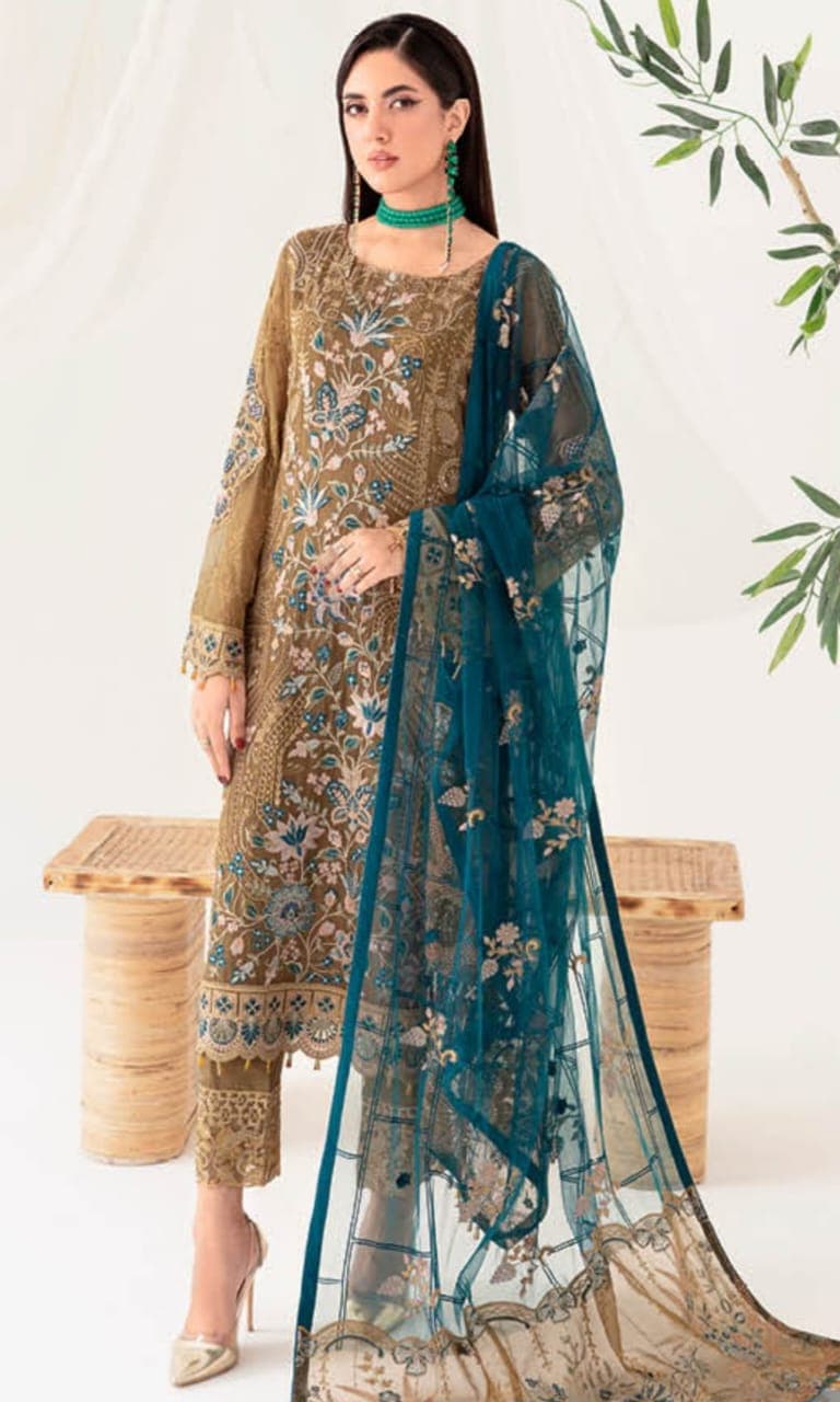 DeEmbroidered Chiffon Front With sequins Embroidered Chiffon Back Pasting Embroidered Chiffon Sleeves Embroidered Organza Sleeves lace Embroidered Organza Ghera Lace Embroidered chiffon Dupatta Raw Silk Trouser 2.5 meter Embroidered Organza trouser lacesi