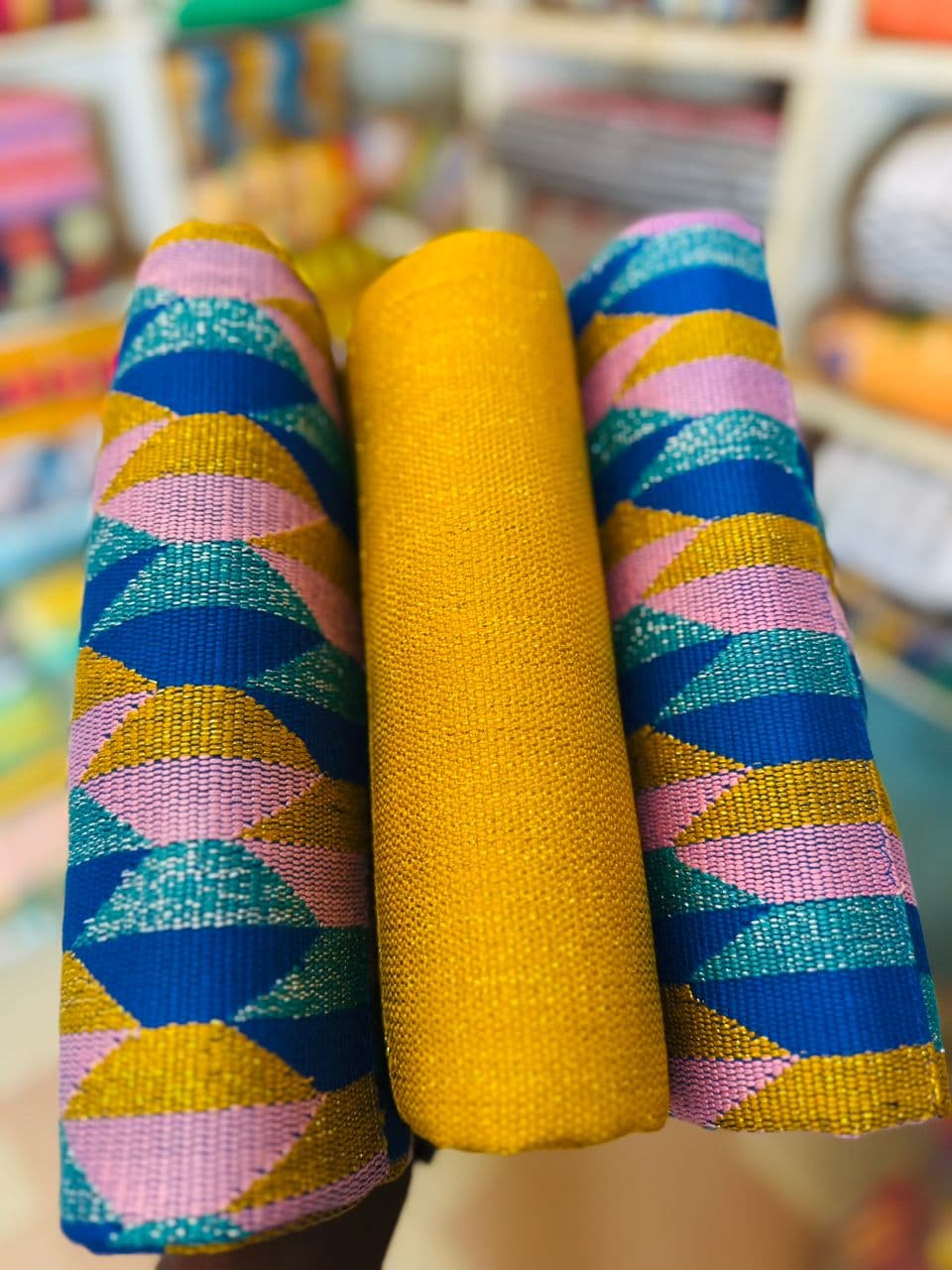 Kente - Authentic Handwoven Blue, Yellow & Pink Kente Fabric β Ghanaian Traditional Cloth | 6-yard set (3 pieces) 45x65 Inches Each | Plain & Patterned Set | African Fabric in UK