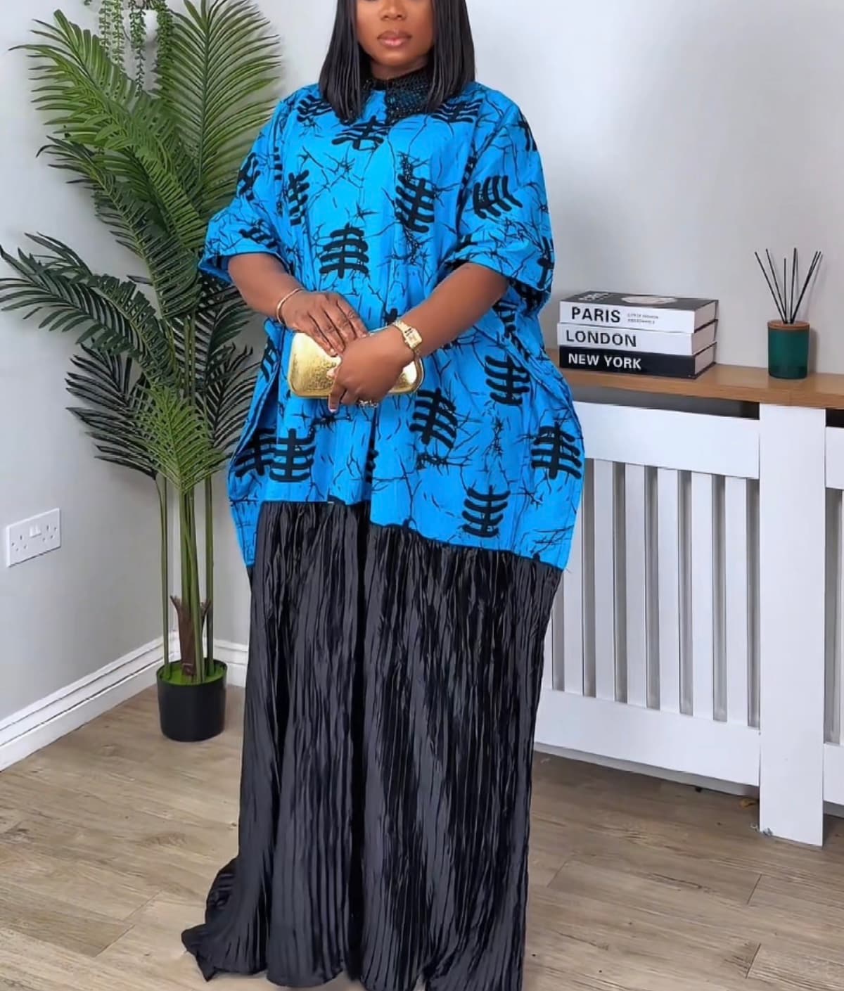 Women’s Blue African Boubou Dress – Ankara Kaftan Maxi Dress UK – Free Size 12, 14, 16