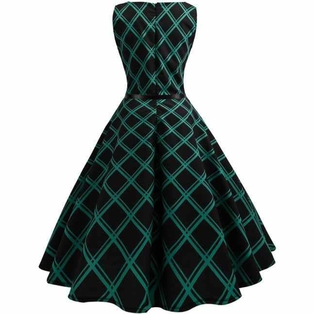 Women Hepburn Retro Wind Printed Plaid Waist Dress,Vintage Floral Plaid