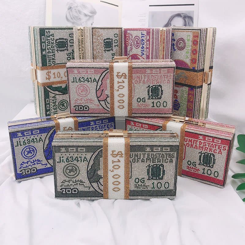 Luxury $100 Dollars Rhinestone Crystal Money Bag Clutch evening bag 100 dollar women Purse shoulder bags Party and Handbags